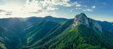An eroded cliff pointing out of a beech woodland on top of a mountain peak. The wild beech forest surrounding it are all green. Sunset time, sunlight shines through the clouds. Carpathia, Romania.