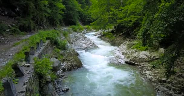 Ein Schneller Gebirgsfluss Der Kalkhaltigen Felsbrocken Und Klippen Entlangfließt Und — Stockvideo