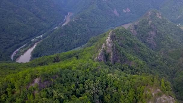 Voo Drones Aéreos Acima Picos Montanha Rochosos Cobertos Com Florestas — Vídeo de Stock