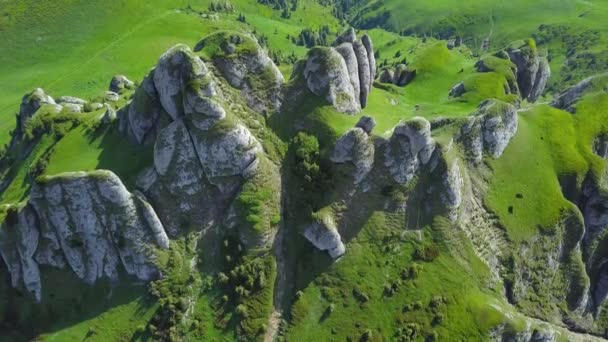 Lot Dronem Powietrznym Nad Wzgórzami Ciucas Alpejskich Użytkach Zielonych Erozja — Wideo stockowe