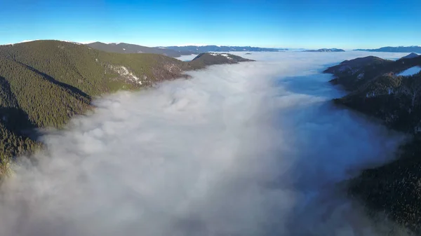 空中无人驾驶飞机在云海上空盘旋 覆盖了洛特鲁山谷 直到地平线 雾与山坡上生长的云杉林混杂在一起 一条路沿河蜿蜒而下 喀尔巴阡山脉 — 图库照片