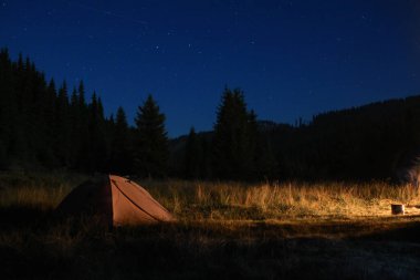 Ateşin yanında bir kamp yerindeki çadırın gece fotoğrafı. Çadır kozalaklı ormanlarla çevrili bir çayırda. Yıldızlar ve takımyıldızlar karanlık gökyüzünde görülebilir. Carpathia, Romanya.