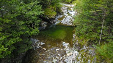 Hızla akan bir dağ nehrinin üzerindeki drone panoraması aşınmış büyük taş parçalarından geçerken basamaklar ve bir gölet oluşturuyor. Latorita Dağları, Karpatya, Romanya.