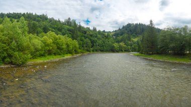 Bistrita nehri taşlı vadisinden hızla ve canlı bir şekilde akıyor. Vahşi kayın ormanları yol boyunca nehre eşlik eder. Tepe bölgesi. Carpathia, Romanya.