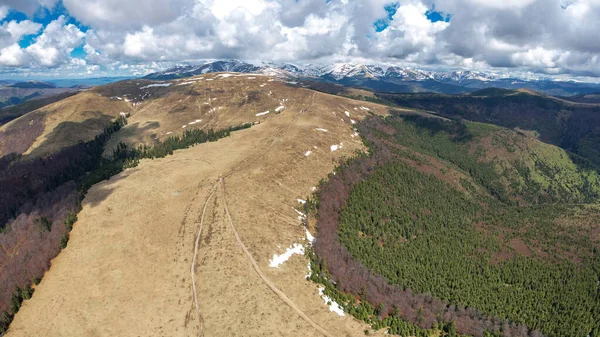 Luftdrone Udsigt Højlandet Parang Mountains Forår Sne Stadig Dækker Græsgange - Stock-foto