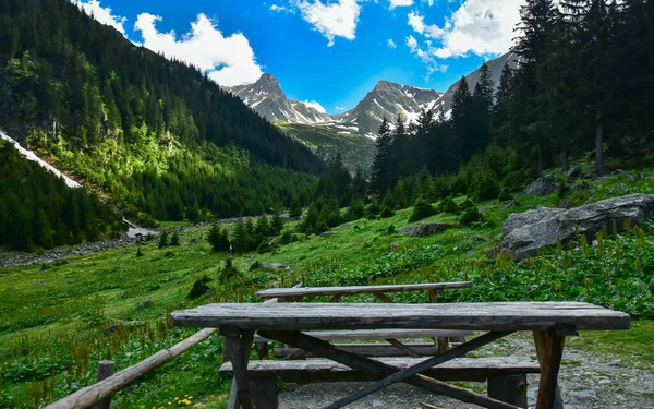 A wooden bench with a table in an alpine meadow in Fagaras Mountains. The rustic objects are located inside Fagaras Mountains at a high altitude, under the mountain peaks. Carpathia, Romania.