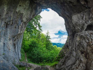 Yaprak döken bir orman ve dağların tepesindeki mağara manzarası, dağ yamacındaki nasırlı bir uçurumda aşınmış. Tünelin yosun ve yosunla kaplı taş duvarları var. Doğal fenomen.