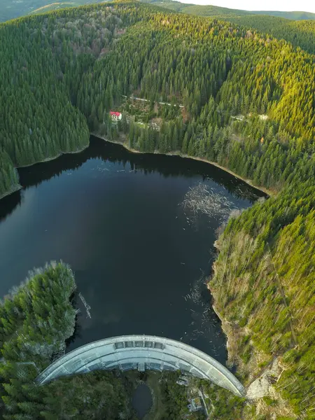 stock image Aerial vertical panorama above Sadu lake during sunset. An arched dam made of concrete holds the water. the dam is built within the wilderness of Sadu Valley and Mountains. Carpathia, Romania