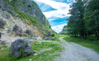 Kayalık bir tepe boyunca uzanan toprak bir yol. Yan kayalıklardan büyük kayalar düştü ve pistin yanında duruyor. Geçitler Galbenu Nehri yakınlarındaki Capatanii Dağları 'nda yer almaktadır. Karpatya.