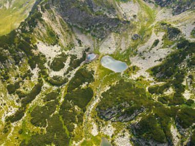 Dağ zirvelerinin altındaki kayalık bir arazide bulunan buzullu bir lagünün üstündeki hava aracı görüntüsü. Tepeler ardıç çalılarıyla doludur. Vadide iki göl parlıyor. Carpathia, Romanya.