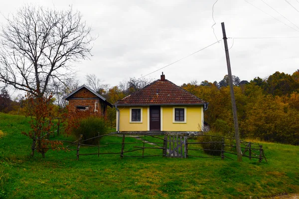 Uma Pequena Casa Campo Amarela Com Uma Pequena Jarda Edifício — Fotografia de Stock