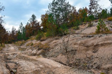 Engebeli, çamurlu, engebeli bir kır yolu ve yağmurun süpürdüğü sarp bir tepe.