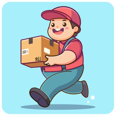 Kırmızı üniformalı bir teslimatçı elinde bir karton kutu tutuyor, Kurye Paketi getirdi, Maskot Karakteri, Vektör çizer