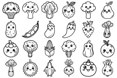 Şirin Çizgi Film Meyveleri ve Sebze Dokuma Çizgisi. Meyve ve sebze, simge, çıkartma, çocuklar için boyama kitabı. Vektör illüstrasyonu