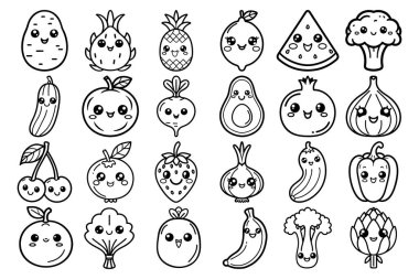 Şirin Çizgi Film Meyveleri ve Sebze Dokuma Çizgisi. Meyve ve sebze, simge, çıkartma, çocuklar için boyama kitabı. Vektör illüstrasyonu