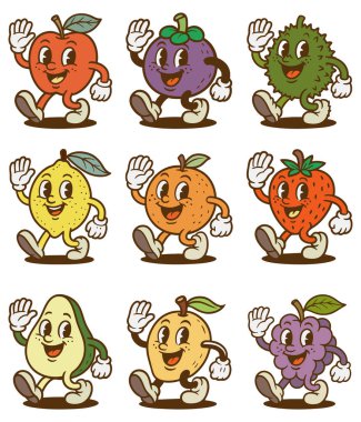 Retro Karakterler, Çizgi Film Meyveleri, Gülen, Yürüyen, Komik Vintage Karakterleri, Doodle Çizgi Roman Koleksiyonu, 70-80 'lerden kalma Retro Atmosfer, vektör çizer