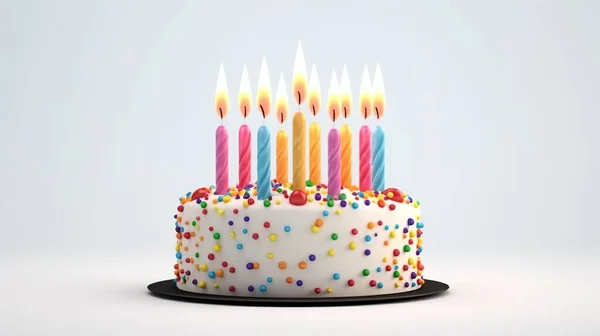 Bunte Geburtstagstorte Mit Kerzen Auf Minimalistischem Hintergrund — Stockfoto