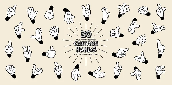 Set Thirty Different Retro Four Fingered Cartoon Hands Dalam Bahasa - Stok Vektor