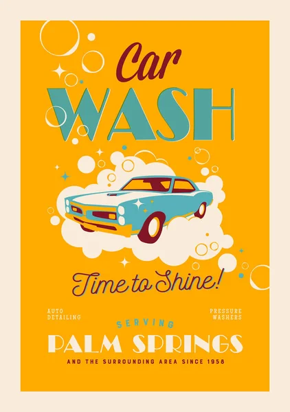 Vintage Style Car Wash Poster Postcard Time Shine — Stock Vector