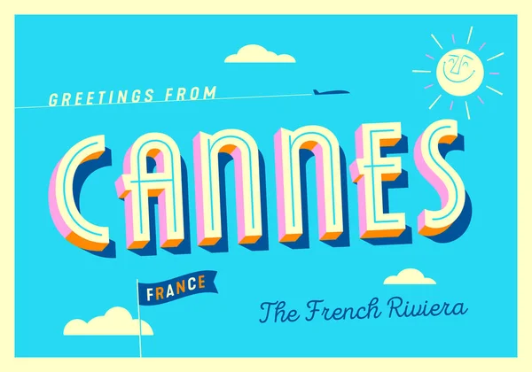 Saudações Cannes França Riviera Francesa Cartão Postal Turístico —  Vetores de Stock
