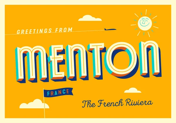 Χαιρετίσματα Από Menton Γαλλία French Riviera Touristic Postcard — Διανυσματικό Αρχείο
