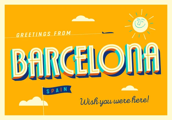 Saludos Desde Barcelona España Ojalá Estuvieras Aquí Postal Turística — Vector de stock