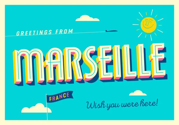 Χαιρετίσματα Από Μασσαλία Γαλλία French Riviera Touristic Postcard — Διανυσματικό Αρχείο