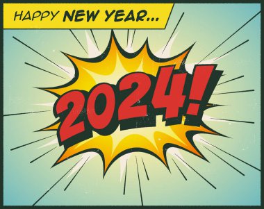 Mutlu yıllar 2024 kartpostalı eski bir çizgi roman tarzında - Vektör EPS10.
