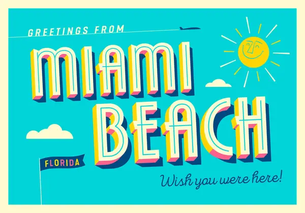 マイアミビーチ フロリダ アメリカからこんにちは 観光ポストカード ベクターイラスト — ストックベクタ