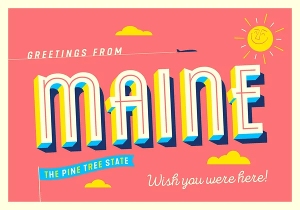 Salutations Maine États Unis Pine Tree State Carte Postale Touristique — Image vectorielle