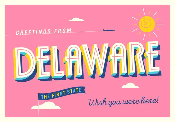 Saluti Dal Delaware Usa Primo Stato Cartolina Turistica — Vettoriale Stock