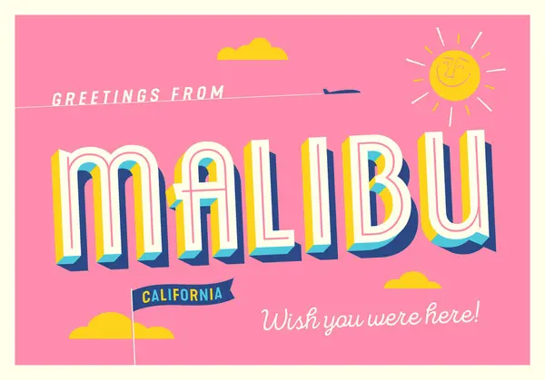 カリフォルニア州マリブからご挨拶 あなたがここにいたことを願っています 観光ポストカード — ストックベクタ