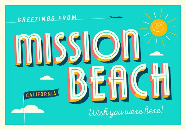 ミッションビーチ カリフォルニア アメリカからご挨拶 あなたがここにいたことを願っています 観光ポストカード — ストックベクタ