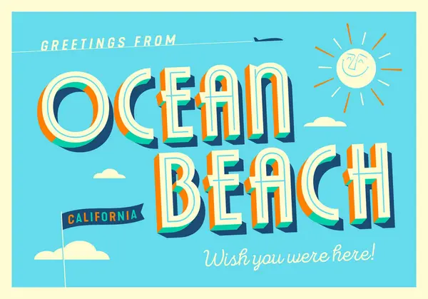 Pozdrowienia Ocean Beach Kalifornia Usa Szkoda Cię Nie Pocztówka Turystyczna Grafika Wektorowa