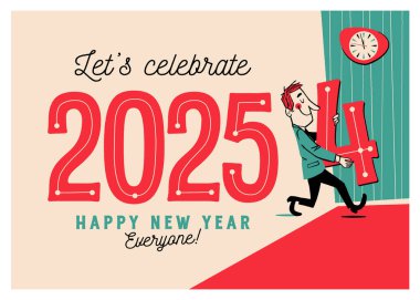 Eski tarz yeni yıl tebrik kartı - 2025 'i kutlayalım - Herkese mutlu yıllar! - Düzenlenebilir Vektör İllüstrasyonu.