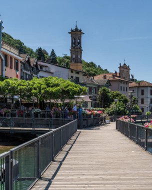 View of Porto Ceresio, a typical village located on the Italian side of Lugano Lake, Lombardy, Italy