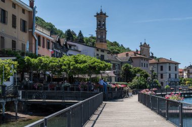 View of Porto Ceresio, a typical village located on the Italian side of Lugano Lake, Lombardy, Italy