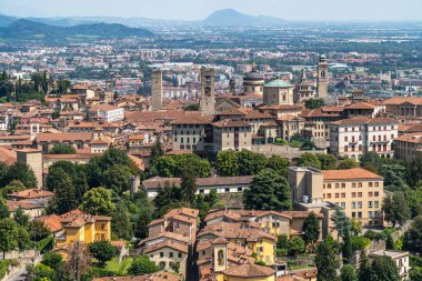 Bergamo old town viewed from San Vigilio hill, which offers an amazing view of the upper town, Lombardy, Italy