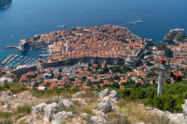 A cable car steadily climbs a hill, transporting passengers while the city of Dubrovnik provides a stunning backdrop, Croatia
