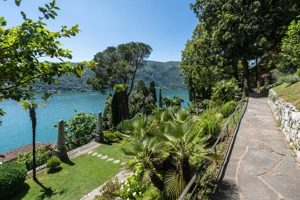 The beautiful Scherrer Park in Morcote, full of exquisite subtropical flora on the lakefront of Lugano Lake, Switzerland