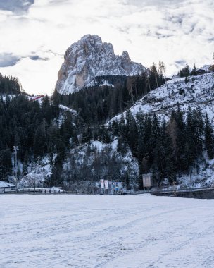 Santa Cristina ski resort town set against the majestic Sassolungo mountain, Alto-Adige, Italy