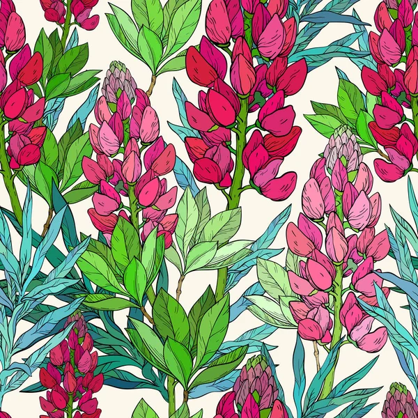 Patrón Sin Costura Floral Flores Hojas Lupinas Ilustración Vectorial Para — Vector de stock