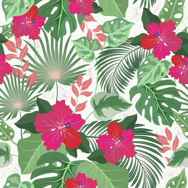 Vector Seamless Pattern Tropical Bright Flowers Leaves Palm Banana Leaf — Stock Vector