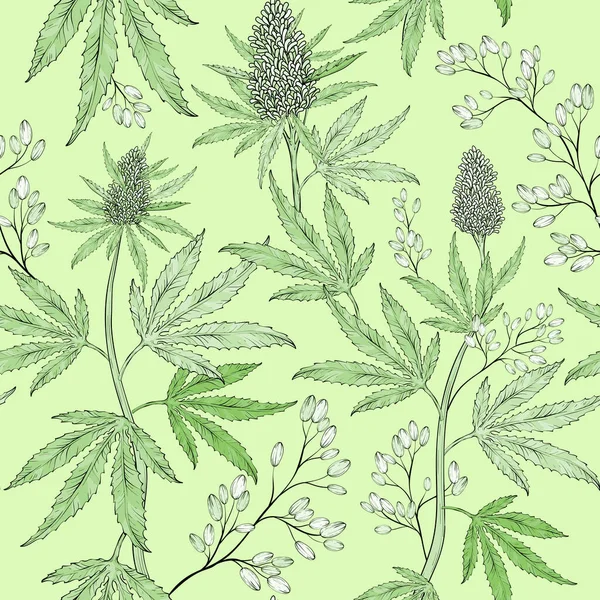 Handgezeichnete Cannabisblätter Mit Nahtlosem Muster Und Grünem Hintergrund Marihuana Skizze — Stockvektor