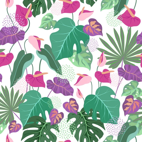 Patrón Brillante Sin Costuras Con Hojas Tropicales Flores Anturio Ilustración — Vector de stock