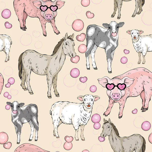 Χαριτωμένα Ζώα Φάρμας Άλογο Πρόβατα Γουρούνι Μοσχάρι Τσίχλα Εικονογράφηση Αστείων — Διανυσματικό Αρχείο