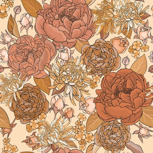 Bezproblémové Pozadí Růžemi Pivoňky Astry Béžová Paleta Vektorový Vzor Květinami — Stockový vektor