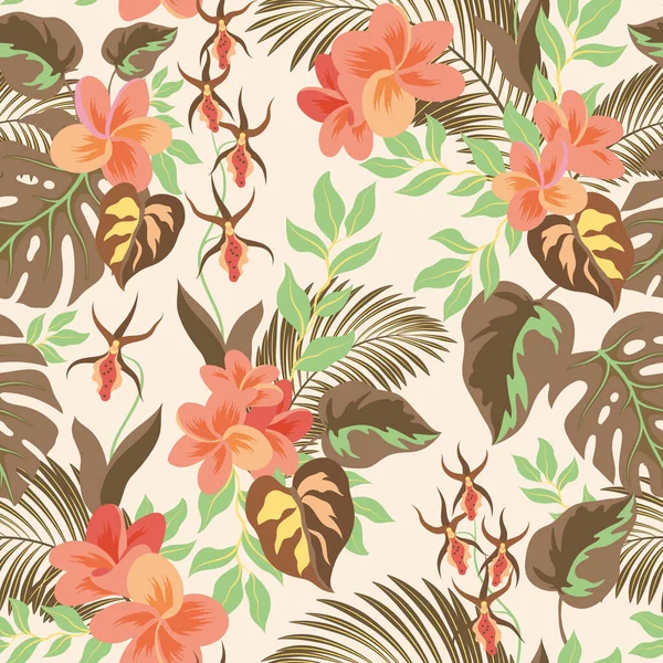 Цветочный Бесшовный Узор Тропическими Листьями Пальмовый Лист Орхидея Плюмерия Цветы — стоковый вектор