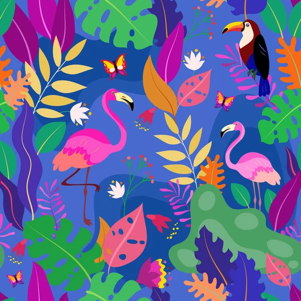 Tropisches Tierdesign Nahtloses Muster Mit Blättern Von Flamingos Tukanen Und Stockvektor