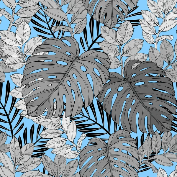 Tropische Palmen Und Dschungelblätter Mit Nahtlosem Blumenmuster Vektorillustration — Stockvektor